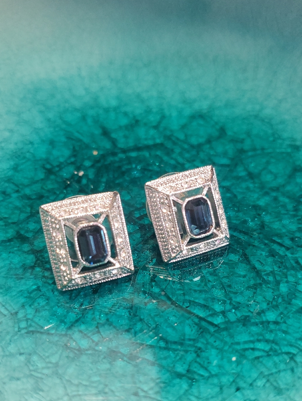 Classic Silver-Tone Blue Gem Square Stud Earrings - D